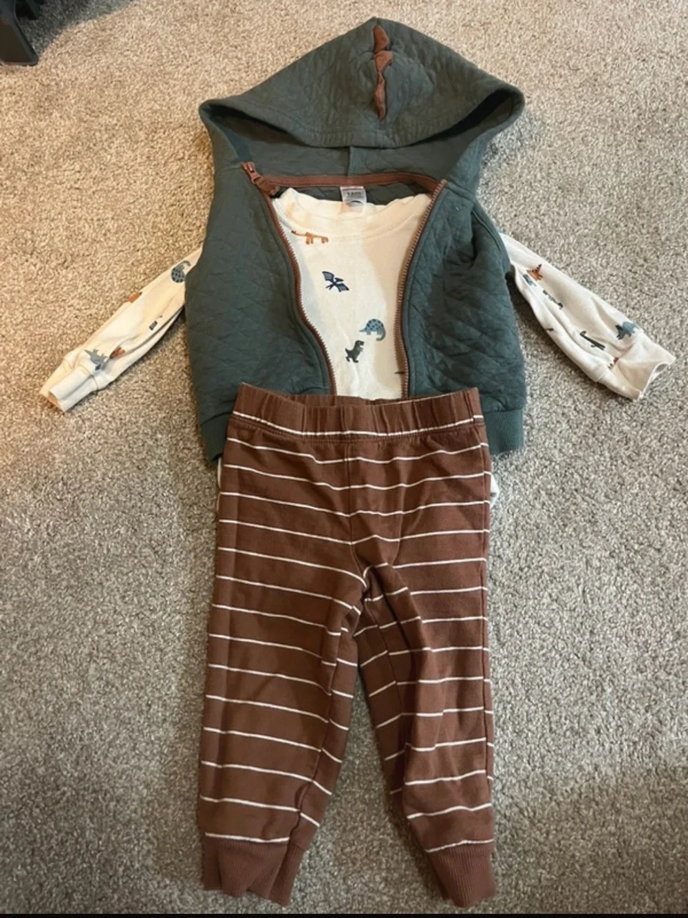 Carter's Green Hooded Vest with Cream Dino Top and Brown Striped Pants